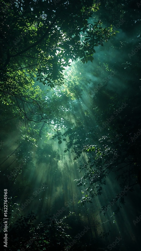 Naklejka premium Sunlight streaming through the canopy of a dense forest creating a mystical atmosphere and light rays