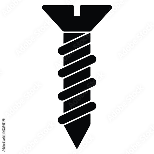 Isolated Screw Illustration Black and White Tool for Woodworking and Construction Projects Metal Fastener Design Element Graphic Symbol with Threads and Sharp Tip