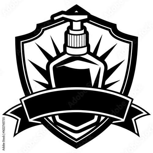 Black and white emblem with hand sanitizer bottle.