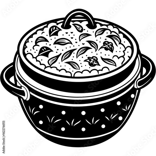 Black and White Illustration of a Decorated Cooking Pot.
