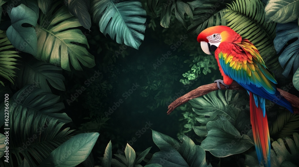 Obraz premium Colorful parrot amidst a lush tropical foliage setting.