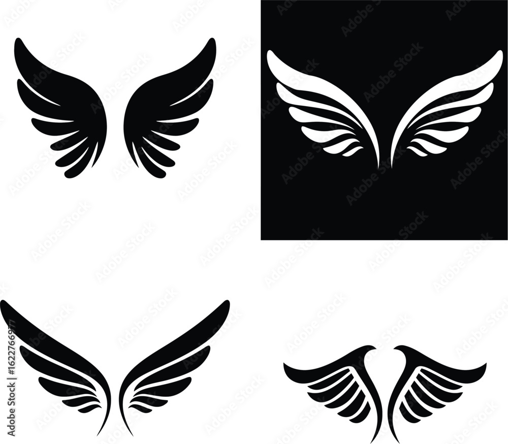 Obraz premium Collection of Wings in Various Styles.Set of Angel, Bird, and Eagle Wing Silhouettes and Line Art.Vector Wings for Tattoos, Logos, and Emblems.