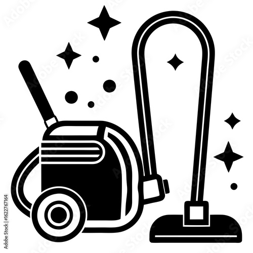 Black and White Vacuum Cleaner Icon with Sparkles.