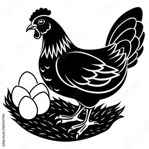 Black Silhouette of a Hen with Eggs in a Nest.