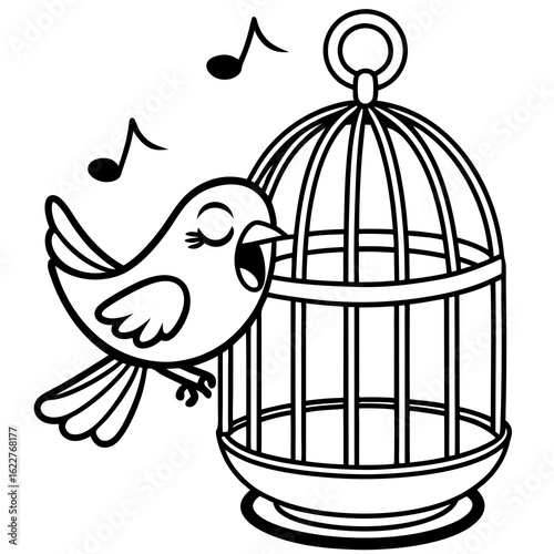 Cartoon Bird Singing Next to Open Birdcage.