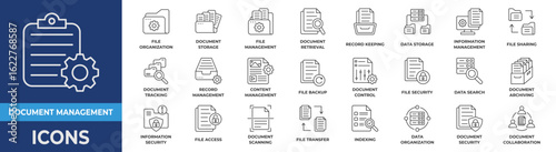Document Management Line icon Collection Set Vector Illustration. File Organization, Document Storage, File Management, Document Retrieval, file security, Data Storage and Information Management. 