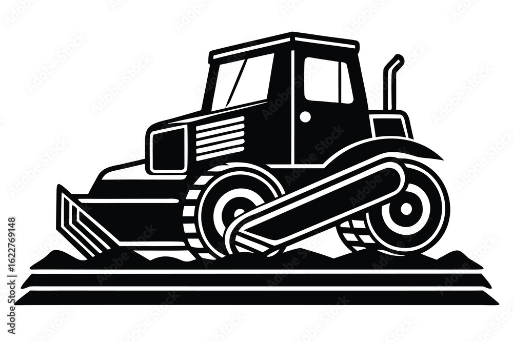 Naklejka premium Black and White Agricultural Vehicle Stylized Farm Tractor Icon on Three Lines