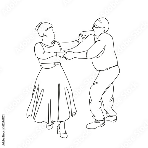 One continuous single drawing line art flat doodle dancing, person, man, woman, lifestyle, fun, adult, old, bonding. Isolated image hand draw contour on a white background, hand drawn, not AI