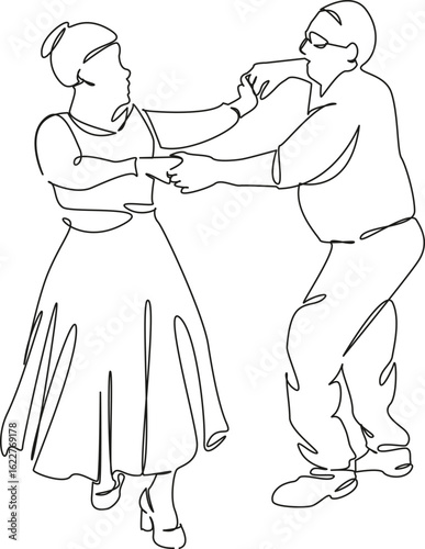 One continuous single drawing line art flat doodle dancing, person, man, woman, lifestyle, fun, adult, old, bonding. Isolated image hand draw contour on a white background, hand drawn, not AI