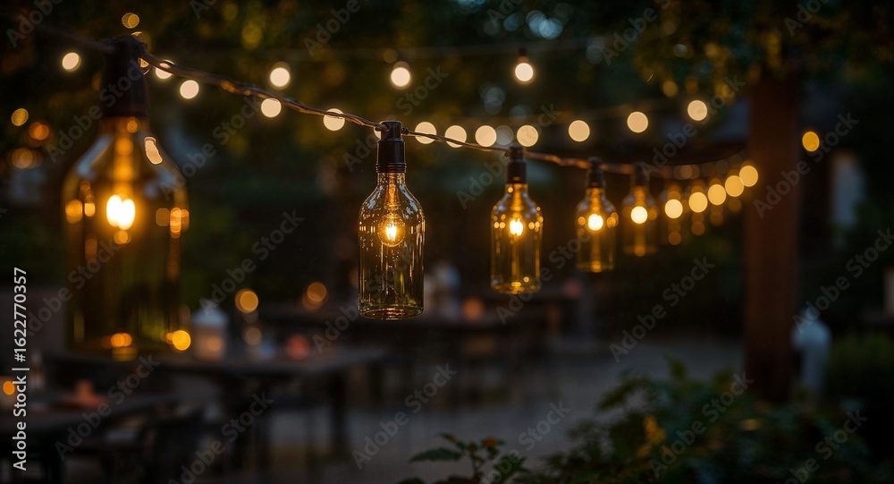 Obraz premium String lights with bulb shaped like bottles illuminate outdoor dining area at dusk creating warm ambiance