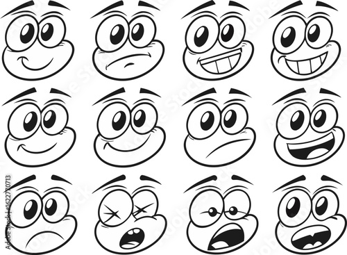 Cartoon Faces with Different Expressions Vector Illustration of Emotions Black and White Line Art
