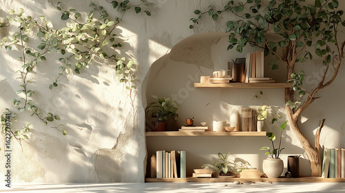 Sunlit shelves with plants and books