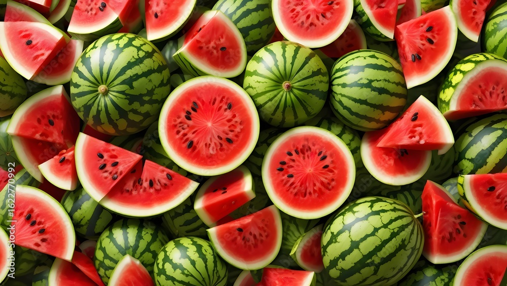 Naklejka premium Whole and Cut Watermelons Top View