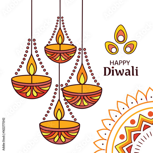 Happy Diwali Greeting with Hanging Diyas and Mandala Design Keywords: happy diwali, festival of lights, india, hindu, celebration, holiday, greeting, diya, lamp, oil lamp, hanging, decorative