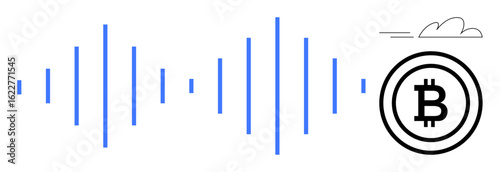 Blue sound waves, Bitcoin coin, and cloud illustration emphasize blockchain, cryptocurrency, data transmission, innovation, and secure transactions. Ideal for fintech, technology finance digital