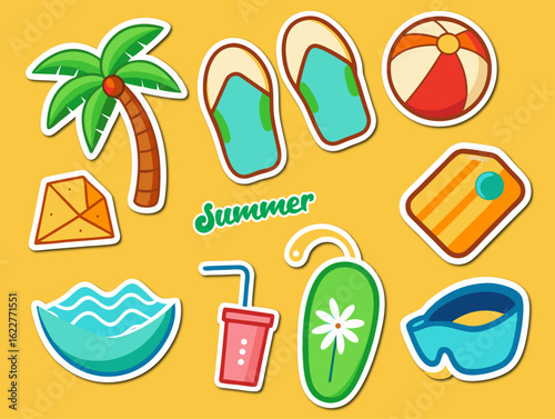Colorful Summer Stickers with Palm Tree Beach Ball Flip Flops and Other Holiday Items