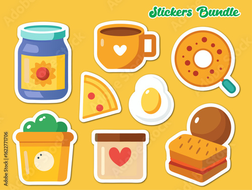 Cute Food Sticker Bundle with Breakfast Lunch and Dessert Items on a Yellow Background for Digital Use