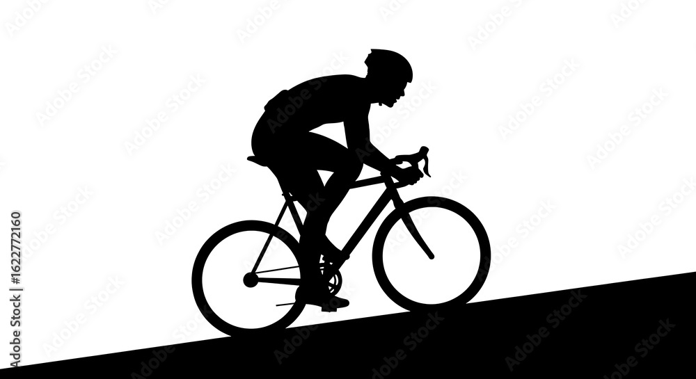 Obraz premium Silhouette of cyclist riding bicycle uphill for fitness and exercise training on road bike outdoors