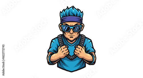 Cool gamer mascot character with blue hair and sunglasses. Vector illustration of a young man for an esports team logo.