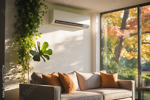 Cozy living room with fall foliage view and air conditioner