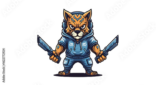 Fierce urban tiger mascot with headphones and knives. An aggressive anthropomorphic cat character illustration for gaming or esports.