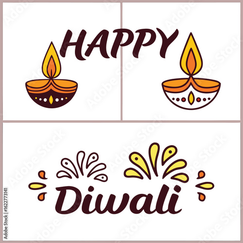 Three Diwali Illustrations Featuring Diya Lamps And Text festival india