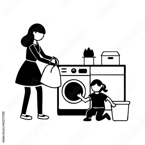 Mother And Daughter Doing Household
