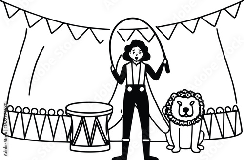 Line art illustration of a female circus performer with lion and drum under a big circus tent