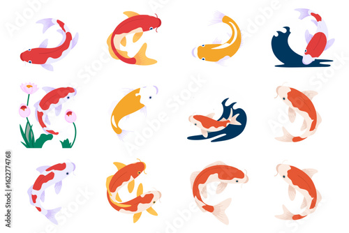 Colorful koi fish icon pack, Japanese aquatic collection, swimming sticker set, creative vector illustration for decor