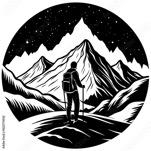 Hiker Gazing at Majestic Mountains Under Starry Night Sky.