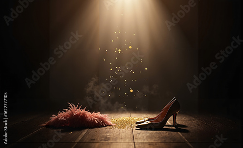 Empty Cabaret Stage with Spotlight and Glitter Dust