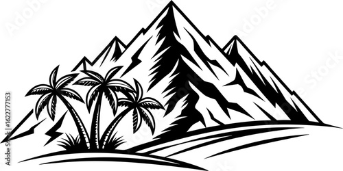 Monochrome adventure emblem alpine mountain landscape with pines tree vector illustration for camping, hiking and travel, black slopes of the mountains silhouette