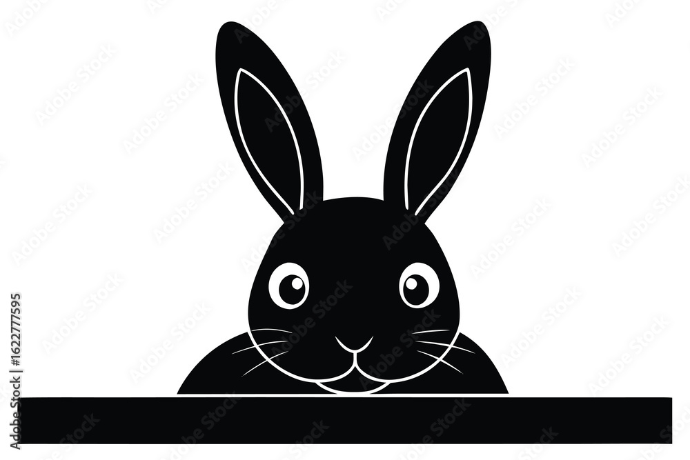 Obraz premium Black Rabbit Face with Large Eyes and Long Ears Peeking Behind Barrier