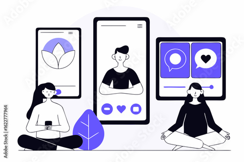 People meditating and using smartphones showing social media content isolated on white background