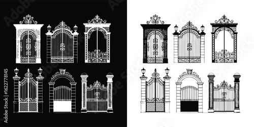 Collection of ornate wrought iron gates and architectural elements in vintage and classic styles, featuring intricate patterns and decorative details, presented in black and white contrast