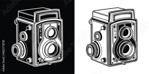 Detailed illustration of a vintage twinlens reflex camera, presented in both black and white versions, highlighting its classic design and mechanical intricacies for photography enthusiasts