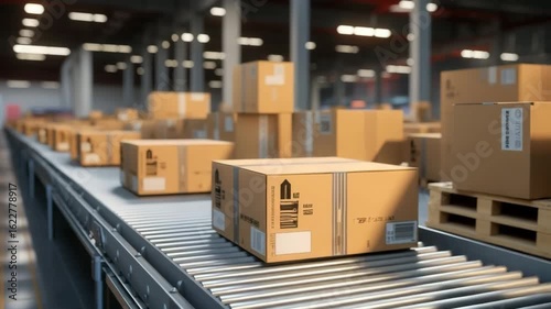 Box packages moving on conveyor belt in warehouse