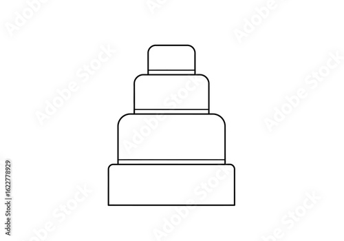 4 layer cake drawing. It is a black and white outline of a four-layer cake or tiered dessert, presenting a simple, minimal design. Vector sketch line art draw.