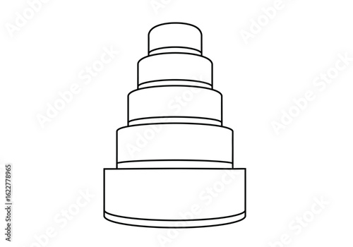 5 layer cake drawing. It is a black and white outline of a five-layer cake or tiered dessert, presenting a simple, minimal design. Vector sketch line art draw.