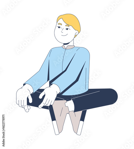 Smiling boy with blond hair sitting cross-legged 2D cartoon character. Caucasian young male child crosslegged looking calm and relaxed flat vector person isolated on white. Spot illustration colorful