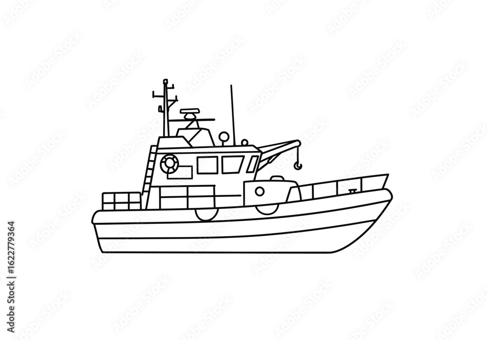 Fototapeta premium Rescue boat drawing. It is a black and white outline of a rescue boat or vessel, equipped for emergency and search operations on water. Vector sketch line art draw.