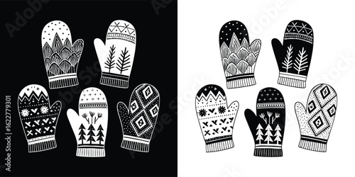 Collection of patterned winter mittens with festive designs, showcasing traditional knitwear for cold weather and holiday cheer