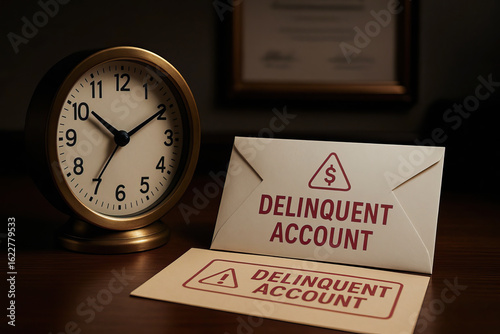 Delinquent account envelopes with warning symbols placed on wooden surface next to vintage clock showing time, symbolizing financial urgency and overdue payments