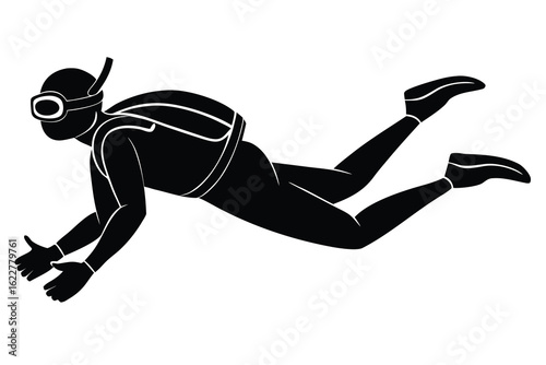 Black Silhouette of a Scuba Diver Swimming with Gear in White Background Illustration