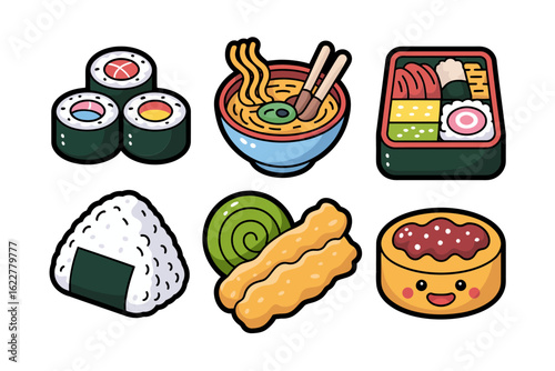 Sushi ramen onigiri icon set, Japanese food collection, cute sticker pack, creative vector illustration for menu design