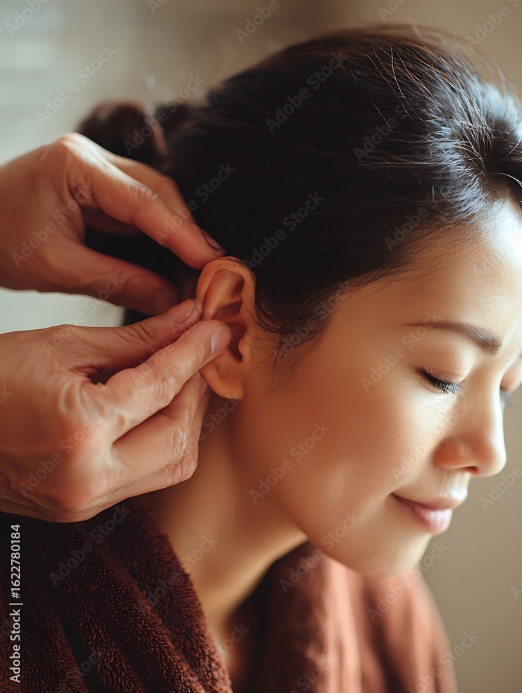Fototapeta premium Asian woman receiving a relaxing ear massage in a spa setting. Close-up of therapist’s fingers gently touching outer ear.