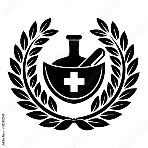Pharmacy Emblem with Mortar and Pestle.