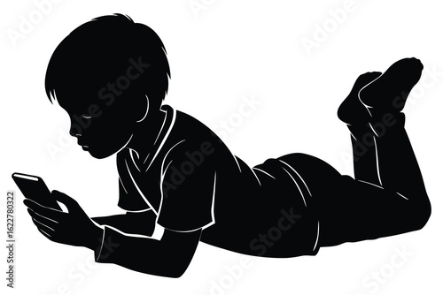 Black Silhouette of Child Lying Down Using Smartphone Device, Isolated on White Background