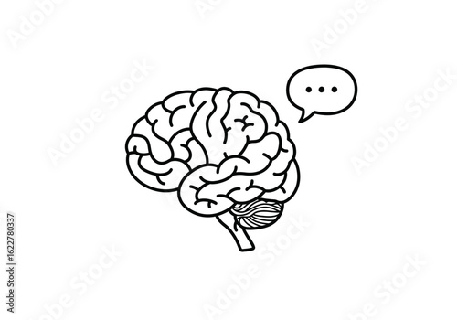 Brain thinking drawing. It is a black and white outline of a brain with a thought bubble, symbolizing thinking, ideas, and intellect. Vector sketch line art draw.