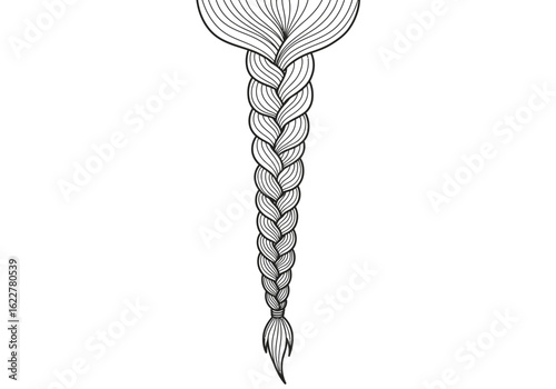 Braid drawing. It is a black and white outline of a braid, plait, or woven hair, showcasing an intricate and classic hairstyle. Vector sketch line art draw.